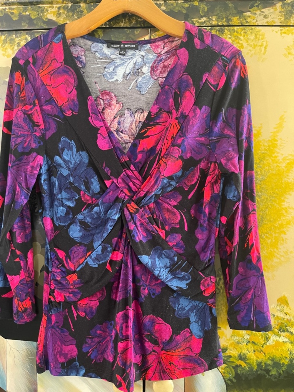Cable & Gauge Black Floral Faux-Wrap Long Sleeve Top with Pink and Blue Blooms
